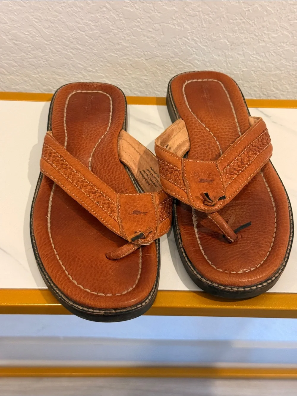 3 BUNDLE Brown Leather, Black Thong Sandals with‎ Dolphin Logo (check photos)